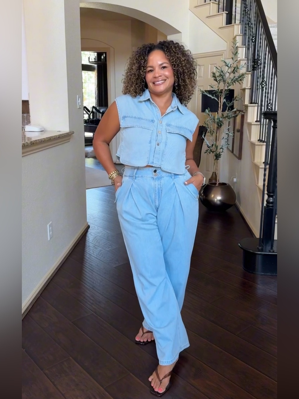 Sleeveless Crop Denim Top & Pleated Pants Set